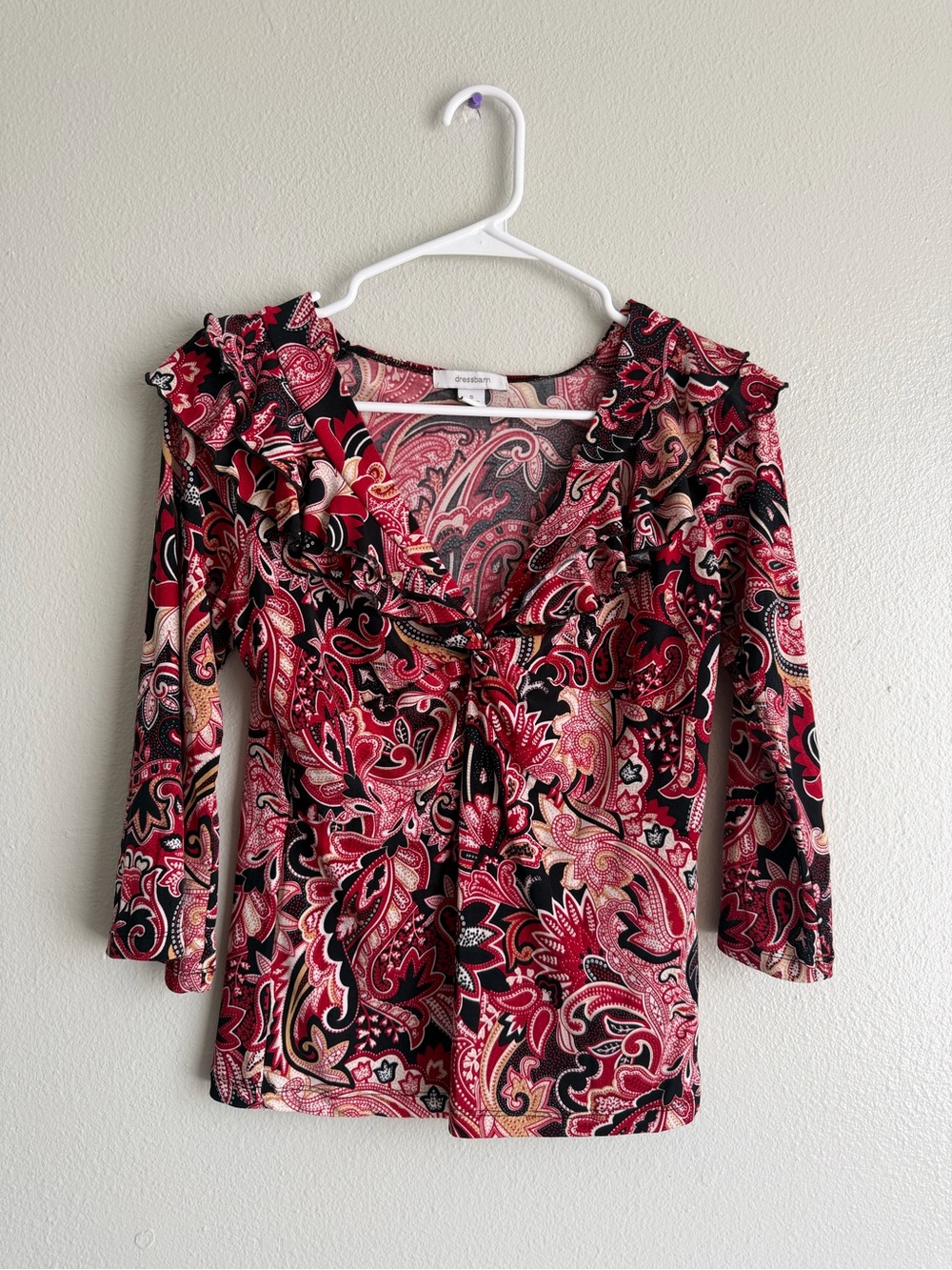 dressbarn Red Black Paisley Ruffle Tie-Front Blouse